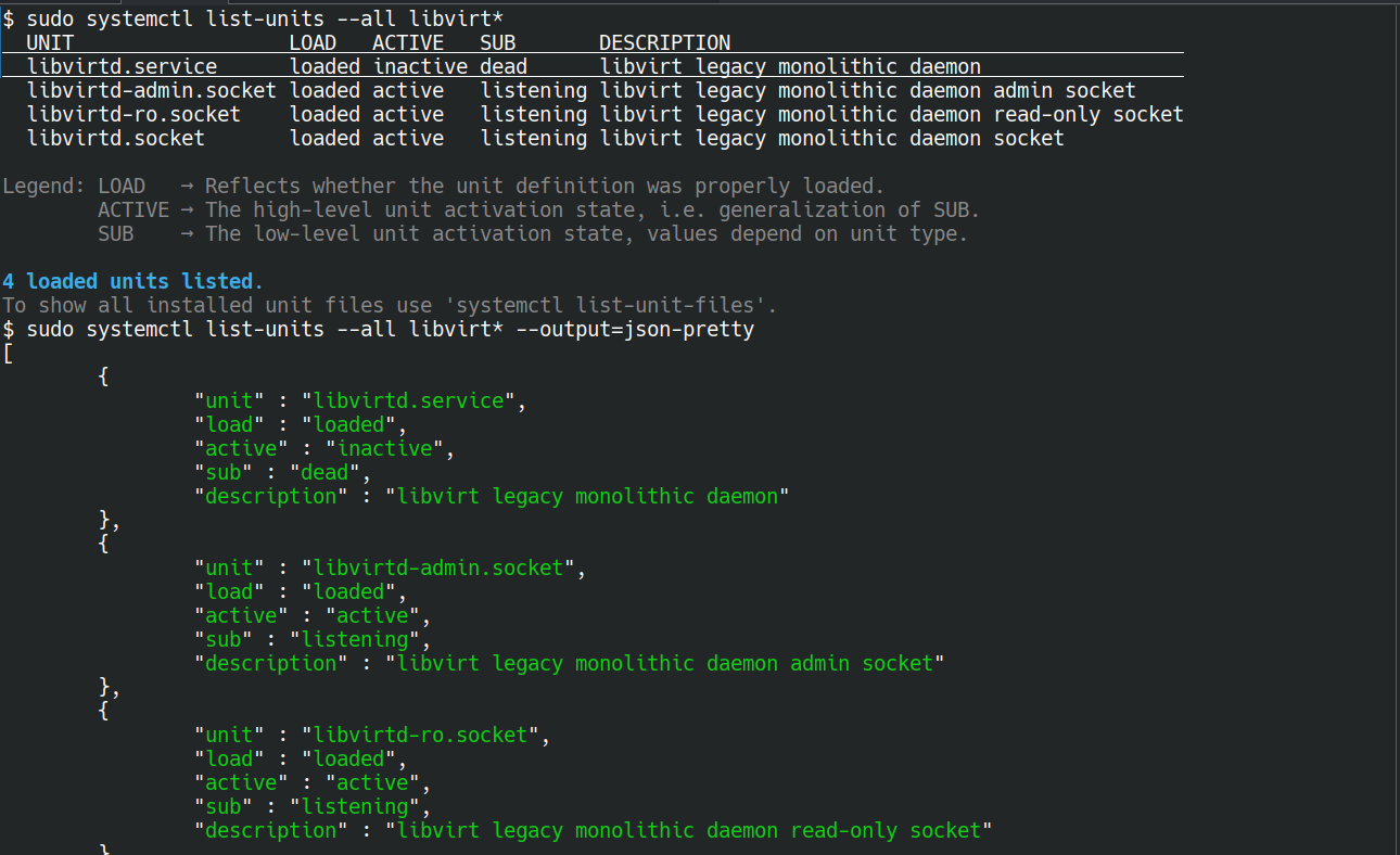 Image of using systemd default and json output modes